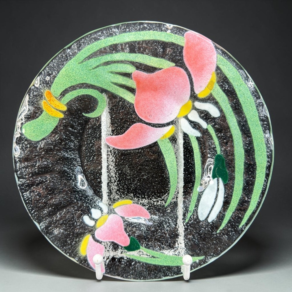 Handmade Fused Glass Floral Plate Pink White Green Flower Art Glass 8 Inch VTG